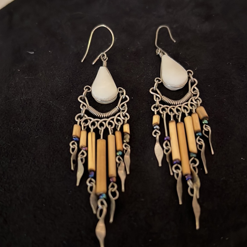 Vintage Handmade silver beaded dangle earrings 3.25”